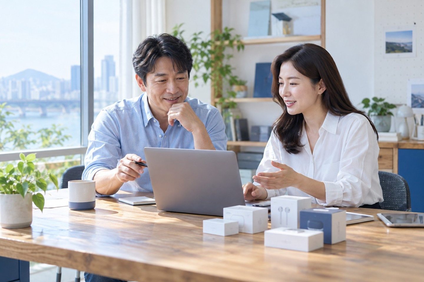 나란히 앉아 서류의 항목을 확인하는 두 사람 — PG 쇼핑몰 카드결제 여는 값은 0원, 여는 날은 사장님이 정하십니다.