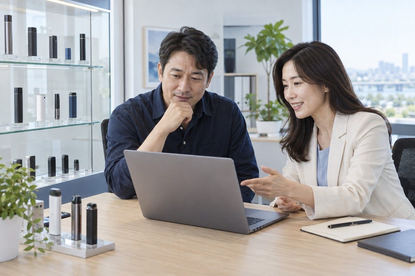 화면과 자료를 함께 검토하는 두 사람 — PG 쇼핑몰 카드결제 자체 제작 몰자체 제작 몰, 개발자와 저희가 나눠 맡습니다. 연락 주시면 기술 통화는 저희가 합니다.