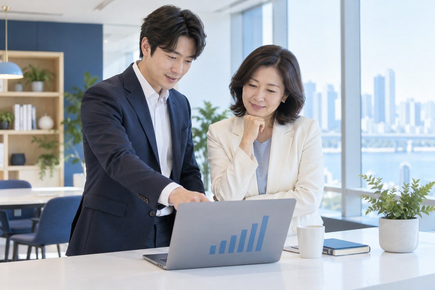 노트북 화면을 가리키며 계약을 설명하는 두 사람 — PG 쇼핑몰 카드결제 심사심사, 접수 전에 저희가 먼저 훑어봅니다. 연락 주시면 결과까지 곁에서 챙깁니다.